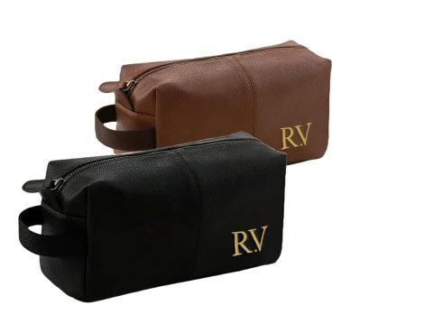 Customized Embroidered Men’s Leather Toiletry Bag with Strap, in Black or Brown, Personalized with Initials.