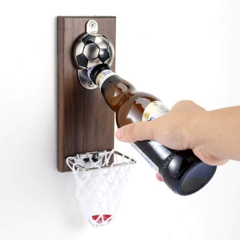 Magnetic Football Bottle Opener stores caps, sticks on fridge, perfect gift for football and beer enthusiasts, great bar decor.