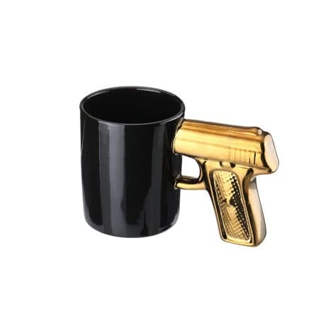 Gold and silver W.Y.T ceramic gun mug – cool and funny coffee cup gift for men.