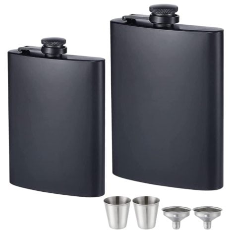 Set of 2 durable, leakproof stainless steel flasks with funnels and cups, perfect for gifting or outdoor events.