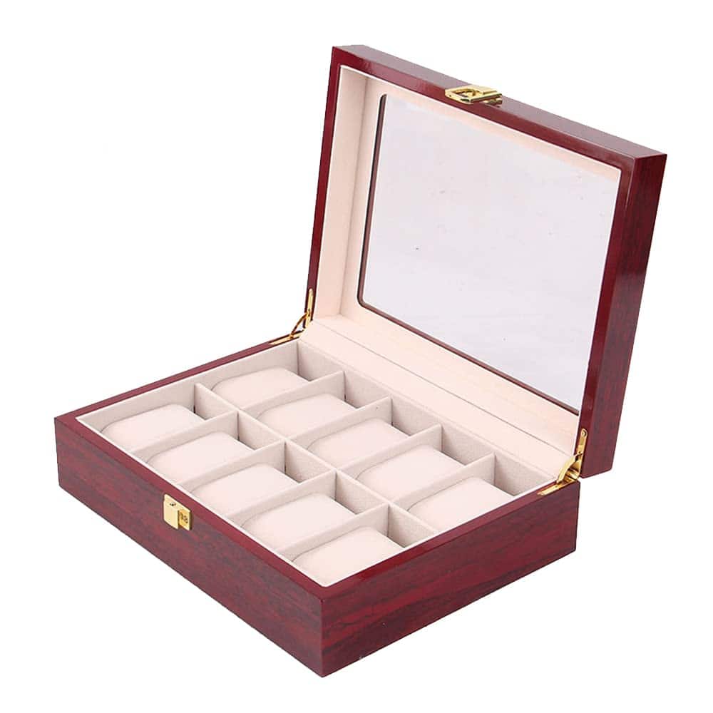 Fosinz Wooden Case Watch Display Box 10 Slots for Men Women Glass Top Collection Box Jewelry Storage Organizer Holder Storage Gifts