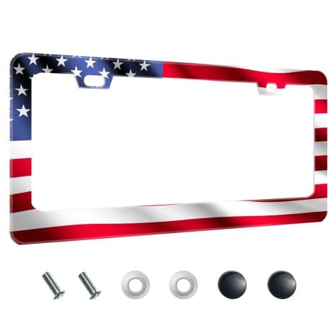 ALKB Tough Stainless License Plate Frames – USA Flag License Plate Frame – Sleek Plate Covers for Car