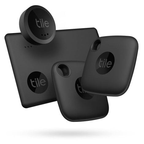 Tile Essentials Bluetooth Item Finder Kit – 4 Pack (Includes 2 Black Mates, 1 Slim, 1 Sticker). Compatible with iOS and Android, works with Alexa and Google. Easily locate keys, wallets, remotes, and more.