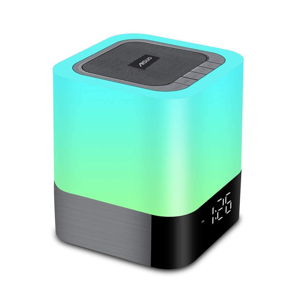 Aisuo Night Light - 5 in 1 Bedside Lamp with Bluetooth Speaker, 12/24H Digital Calendar Alarm Clock, Touch Control & 4000mAh Battery, Support TF and SD Card, The Best Gift for Kids and Friends.