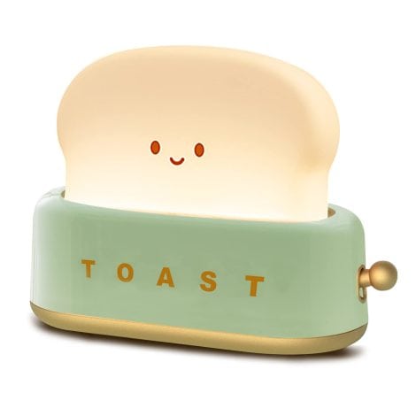 Green smiling toast bread-shaped rechargeable lamp for desk, bedroom, living room, dining, desk decorations. Perfect gift.