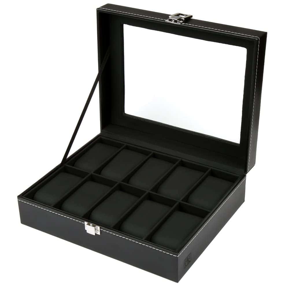 H&S Glass Lid 10 Watch Jewellery Display Storage Box Case Bracelet Tray Faux Leather Black for Men Women