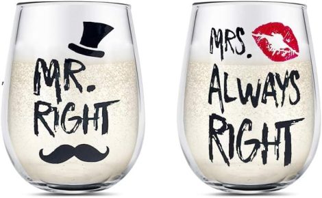 Valentine’s Day Couples Wine Glasses, “Mr. Right” and “Mrs. Always Right” Crystal Stemless Set – Perfect for Engagements, Anniversaries, and Weddings