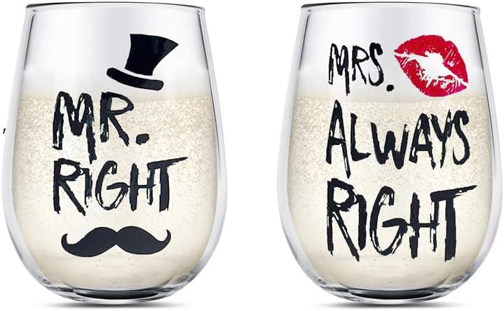 Couple Wine Glasses Set MR RIGHT and MRS ALWAYS RIGHT Crystal Stemless Wine Glass Gifts for Valentines Wedding Engagement Anniversary for His Hers Husband Wife Boyfriend Girlfriend Lovers LEAD FREE