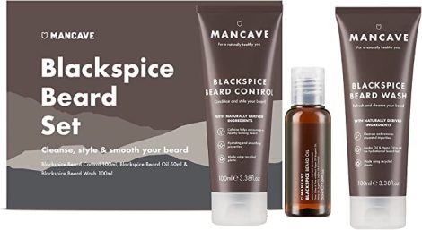 ManCave Blackspice Beard Kit: Boost your beard’s thickness and health with 3 essentials, vegan-friendly, eco-conscious tubes, crafted in England.