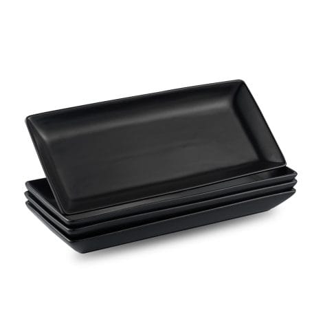 Set of 4 elegant black porcelain platters for parties and gatherings, perfect for serving appetizers, salads, sushi, and more!