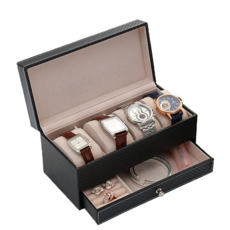 Goldwheat Double Layer Watch Box – a stylish PU leather case for men and women, with 4 slots, magnetic top, valet drawer.