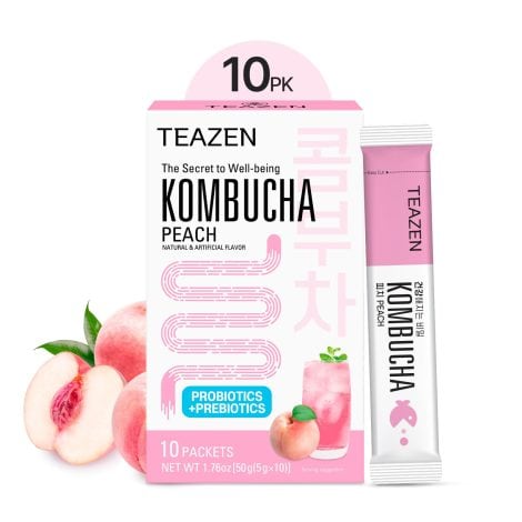 Peach Probiotics Kombucha Tea, convenient 10 sticks pack, for a healthy gut and delicious taste.