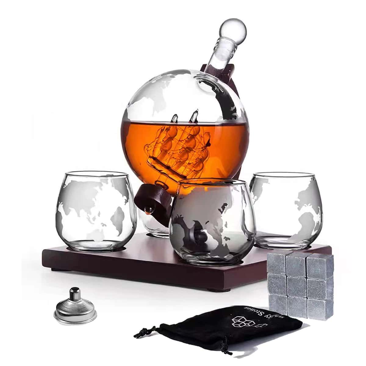 GGEROU Whiskey Decanter Globe Set with 4 Etched Whiskey Glasses,Reusable Whiskey Stone Ice Cubes, Cherry Wood Stand, Pour Funnel- for Scotch Bourbon Vodka,Gifts For Men - 850ml