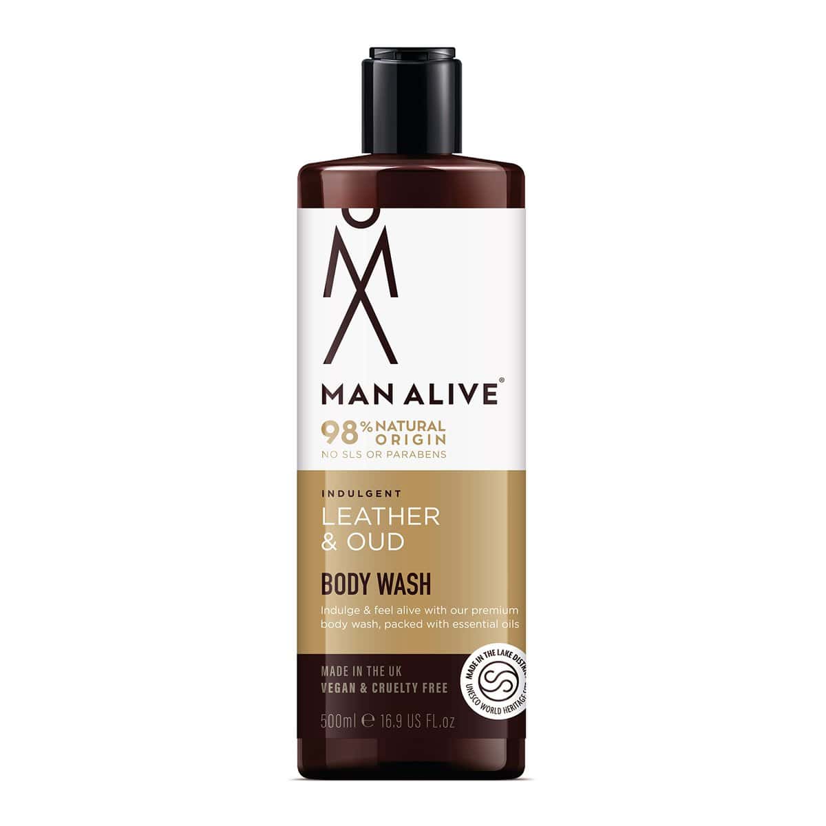 MAN ALIVE Shower Gel for men, 500ml mens body wash & face wash contains a masculine scent, Vegan, SLS Free & sulfate free formula. ideal mens grooming gifts for men (Leather & Oud, Single)