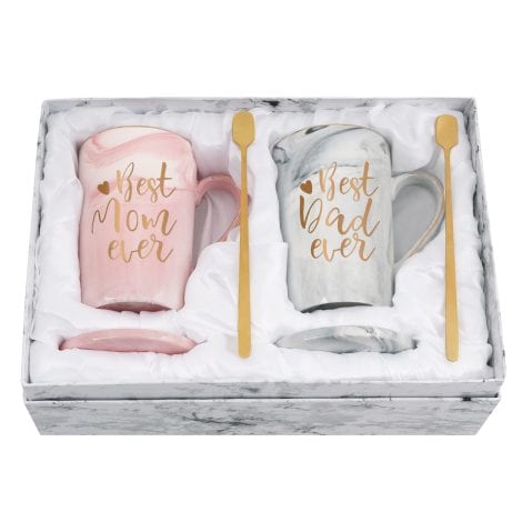 “Perfect Mom Dad Mug Set: Show your love with this Marble-themed coffee gift, including box, coaster, and spoon.”