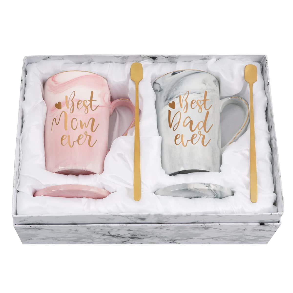 Gift for Mom Dad - Best Mom Dad Ever Coffee Mug - Mother's Father's Day Gift for Parents from Daughter Son - Anniversary Couple Gift - Marble Set for Christmas Birthday 14 Oz with Box, Coaster, Spoon