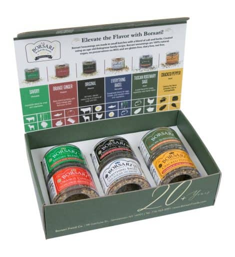 Borsari Salt Gift Set – Original, Savory, Cracked Pepper, Tuscan Rosemary Sage, Orange Ginger, Everything Bagel – Gluten Free Gourmet Salts – 6-Bottle Set.