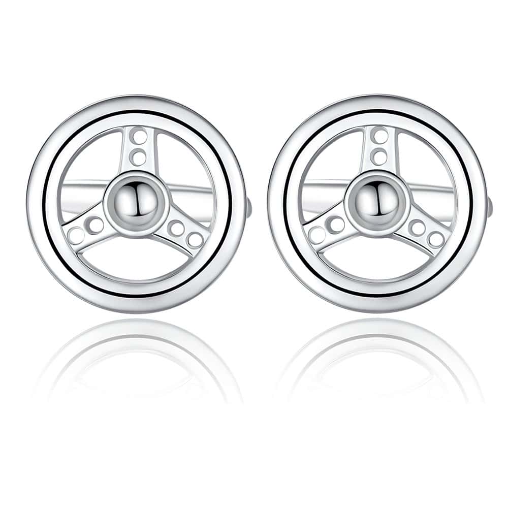 HONEY BEAR Car Steering Wheel Novelty Cufflinks for Men Stainless Steel Round Retro, Christmas Cuff links Gift Silver