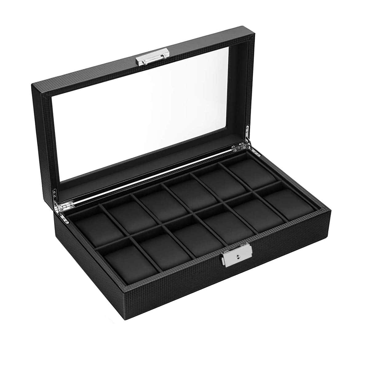 BASTUO Watch Box 12 Slots Watch Display Case Organizer for Men Watch Storage Case with Carbon Fiber Design, Jewelry Drawer Box with Glass Top and Lockable, Black