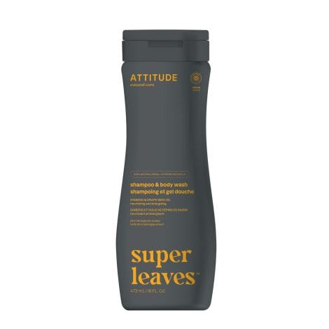 All-in-one Hair and Body Wash enriched with natural ingredients, ideal for vegans, featuring ginseng and grapeseed oil.