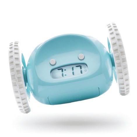 Cute and annoying CLOCKY alarm clock with wheels jumps, rolls, and vibrates to wake you up energized!