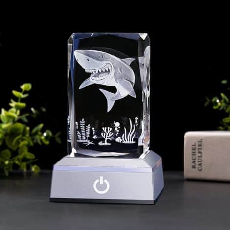 3D Shark Crystal Cube Lamp: Educational Nightlight with Engraved Ocean Animal Figurine, Perfect Gift for Shark Lovers.