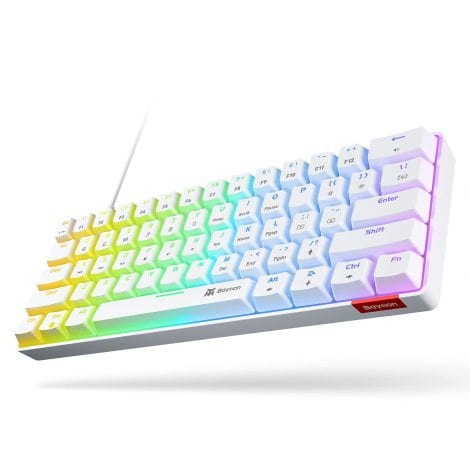 Compact White Mechanical Gaming Keyboard, Baytion 61 Keys, Blue Switches, RGB Backlit; Compatible with iOS, Android, and Windows.