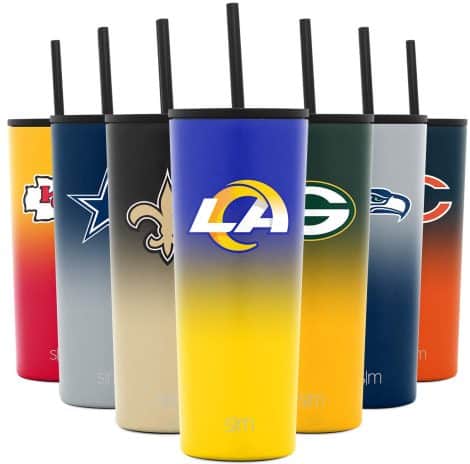 Official NFL stainless steel travel mug with straw and flip lid, keeps beverages hot or cold, 24oz.