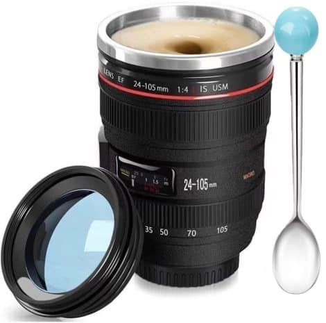 “Photo Lens Coffee Mug – A stainless steel thermos, perfect for photographers, gifts, home, friends, and school.”