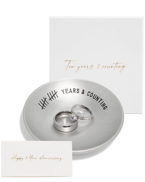 PureRejuva 10th Anniversary Tin Gifts – 4 In., Engraved, Aluminum Wedding Band Dish & Gift Box – Celebrate 10 Years