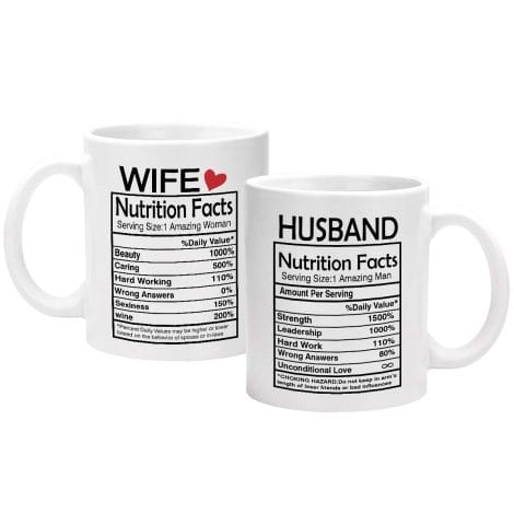 “Couples’ Coffee Mugs: Husband and Wife Nutrition Facts Set; Ideal Valentine’s, Anniversary, or Wedding Gift.”