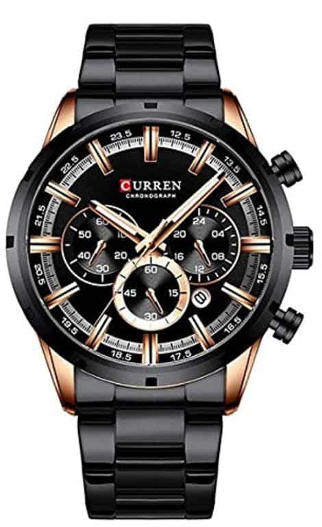 Fashionable stainless steel wristwatch for men with multiple functions, luminous display, chronograph, and calendar date.