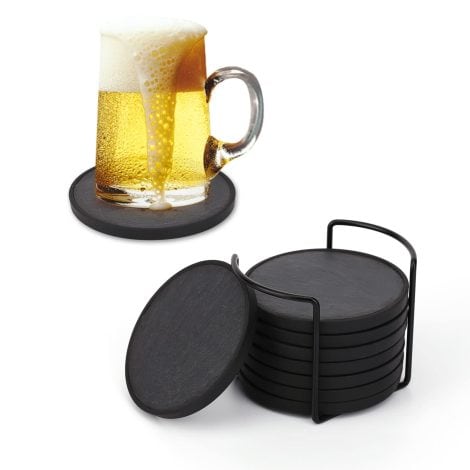 Black Slate Stone Drink Coasters with Holder, Removable Soft Ring, Condensation Protection, 4 Inch, Set of 8.