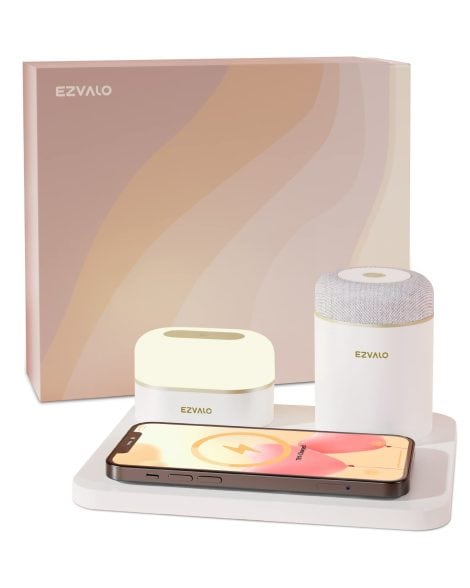 EZVALO 3 in 1 Charging Station: A versatile gadget with a night light, Bluetooth speaker, and wireless charging. Ideal for iPhone, Samsung, Huawei, and more. Perfect gift for tech-savvy ladies.