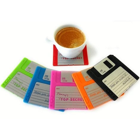 Set of 6 Coasters with Video Game Inspired Floppy Disk Design – Perfect for Nerdy Office Décor and Gifts.