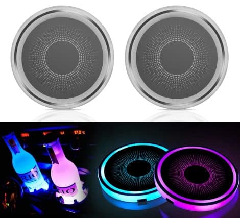 Uxcer 2PCS Rechargeable LED Cup Holder Lights, 7 Color-Changing Coasters for Car, Cool Accessories! Ideal gifts for teens, men, and women.