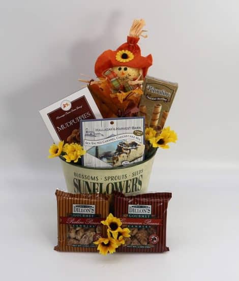 Autumn Delights Gift Basket in Decorative Bucket featuring Pecans, Muffin Mix, Cookies, and Wafer Rolls.