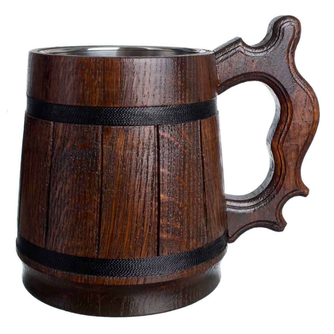 MyFancyCraft Wood Beer Mug 0.6L 20oz with Gift Box Stainless Steel Cup Men Eco-Friendly Souvenir Handmade Retro Brown