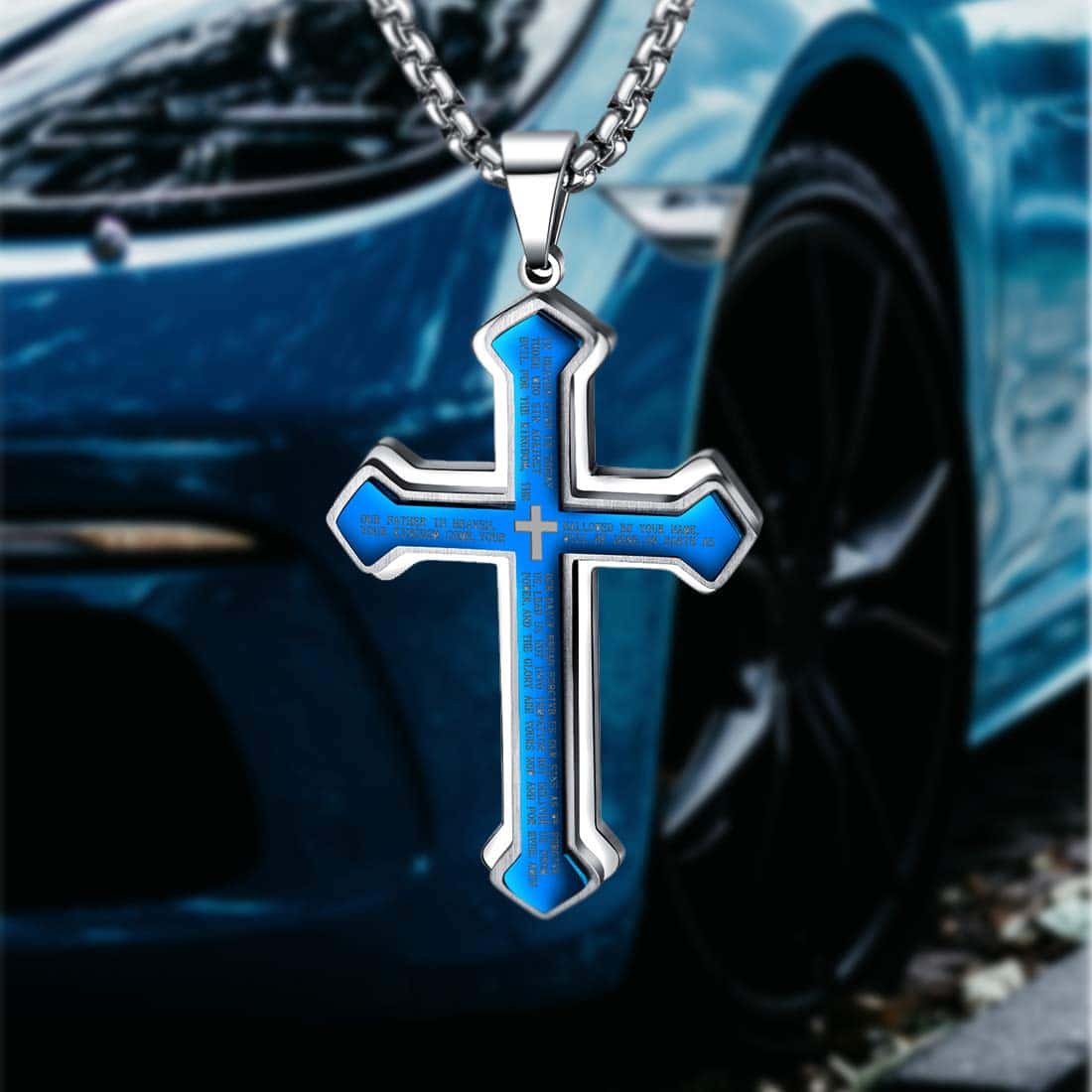 LeapoFaith Cross Pendant for Car Rear View Mirror Hanging Cross Charm Car Decor Mirror Accessories Ornament Auto Interior Jesus Cross Necklace with Lord's Prayer Men Women Christian Gift (Blue)