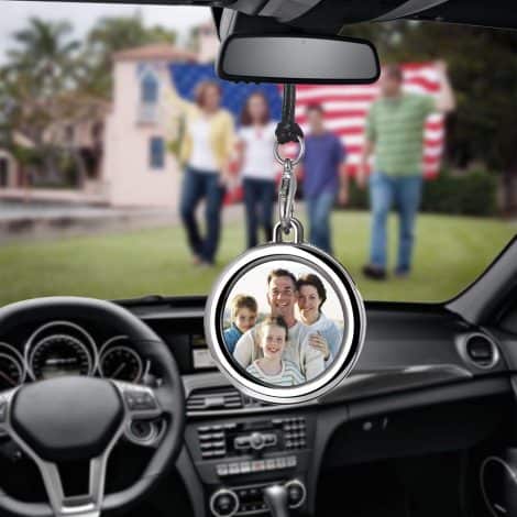 Circular car mirror hanging photo frame locket ornament made of metal for a beautiful photo.