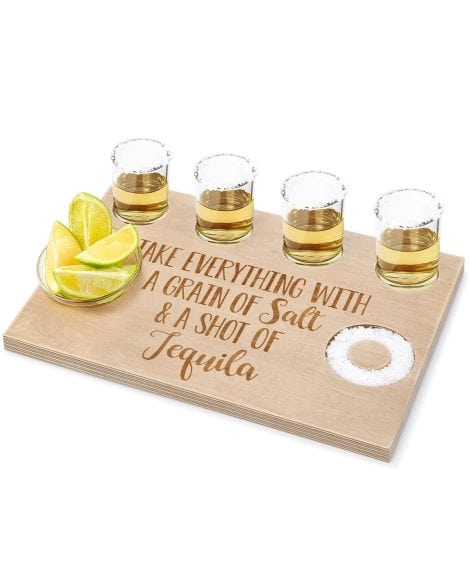 Tequila Shot Board: Wood Tray with Shot Glass Holder, Ideal for Liquor Party – Natural Finish.