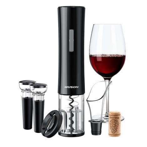 Electric wine opener set with foil cutter, vacuum stoppers, aerator pourer. Perfect gift for wine lovers.