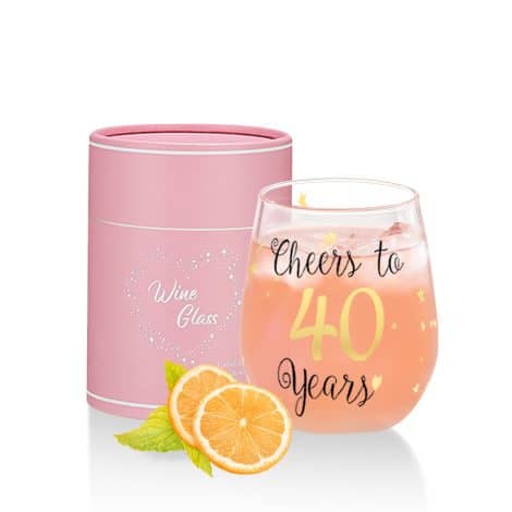 Celebrate 40th birthdays with elegant stemless wine glasses, perfect for parties, weddings, and anniversaries.