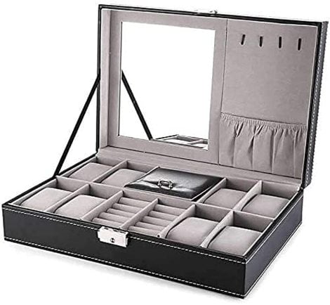 Padom Leather Watch Box: Store and display your watches and jewelry in this elegant case with glass lid and velvet lining.