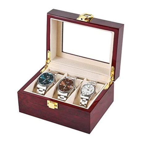 Men’s 6-slot Watch & Sunglasses Display Box, Large Organizer with Real Glass Window Top (3 Slots).