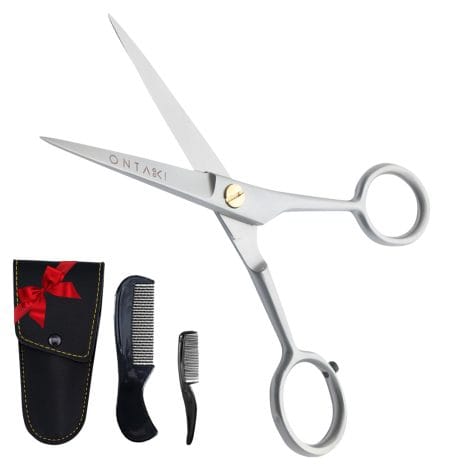 ONTAKI 5″ Professional German Steel Beard and Mustache Barber Scissors – Includes 2 Combs and Carrying Pouch – Crafted for Men’s Facial Hair Care