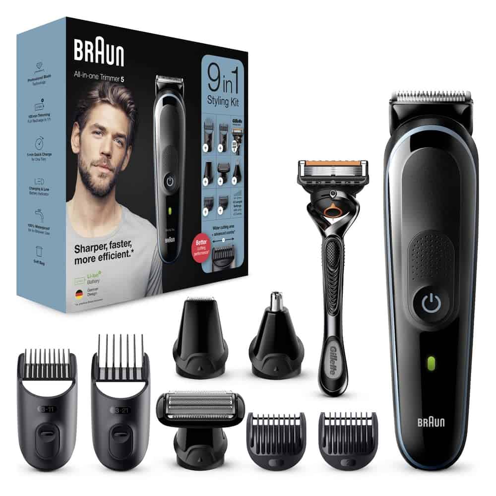 Braun 9-in-1 Beard Trimmer Series 5, With Hair Clippers & Nose Trimmer & Gillette Razor, For Beard, Hair & Body Grooming, 100% Waterproof, Gifts For Men, 2 Pin Bathroom Plug, MGK5280, Black/Blue Razor