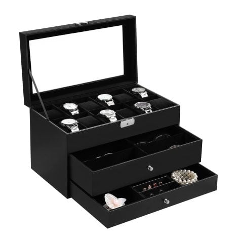 Luxury black watch box organizer for men with soft velvet lining to store 12 watches.