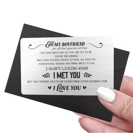 Romantic wallet insert card for boyfriend’s birthday or anniversary, engraved with heartfelt message of love.