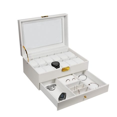 Ogrmar Watch Storage Box: Stylish jewelry and watch organizer with lockable slots and glass lid.